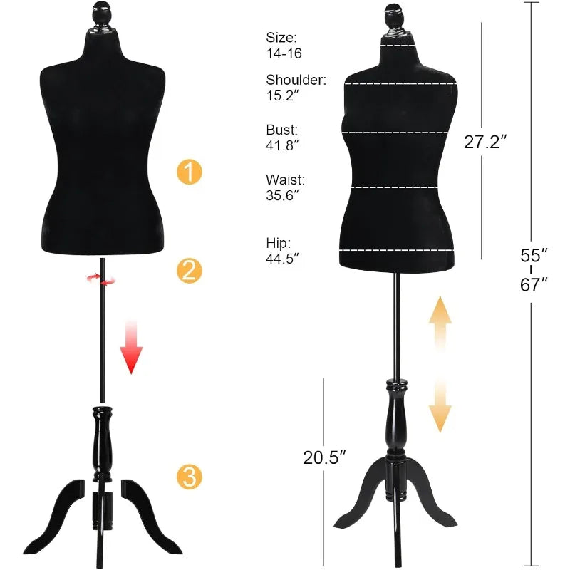 Female Dress Form Size 10-16, Adjustable Height Torso Body with Upgraded Tripod Stand, Medium Size Mannequin for Sewing a