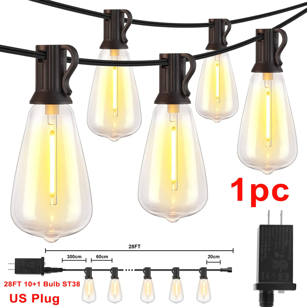 1/2/3pcs 28FT ST38 String Lights Outdoor, US Plug 10+1 LED Patio Lights Fairy Garden Lamp For Home Xmas New Year Party Halloween