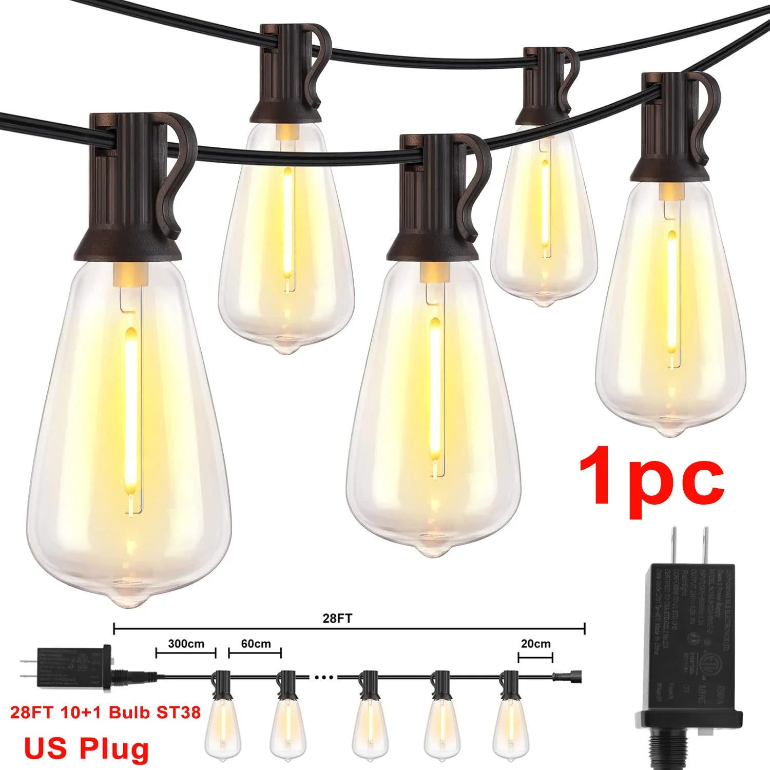 1/2/3pcs 28FT ST38 String Lights Outdoor, US Plug 10+1 LED Patio Lights Fairy Garden Lamp For Home Xmas New Year Party Halloween