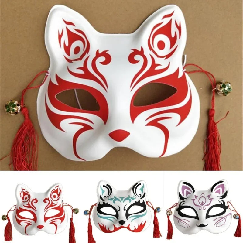 Party Show Fox Mask With Tassels And Bells Hand-painted Kitsune Half Face Halloween Cosplay Gift