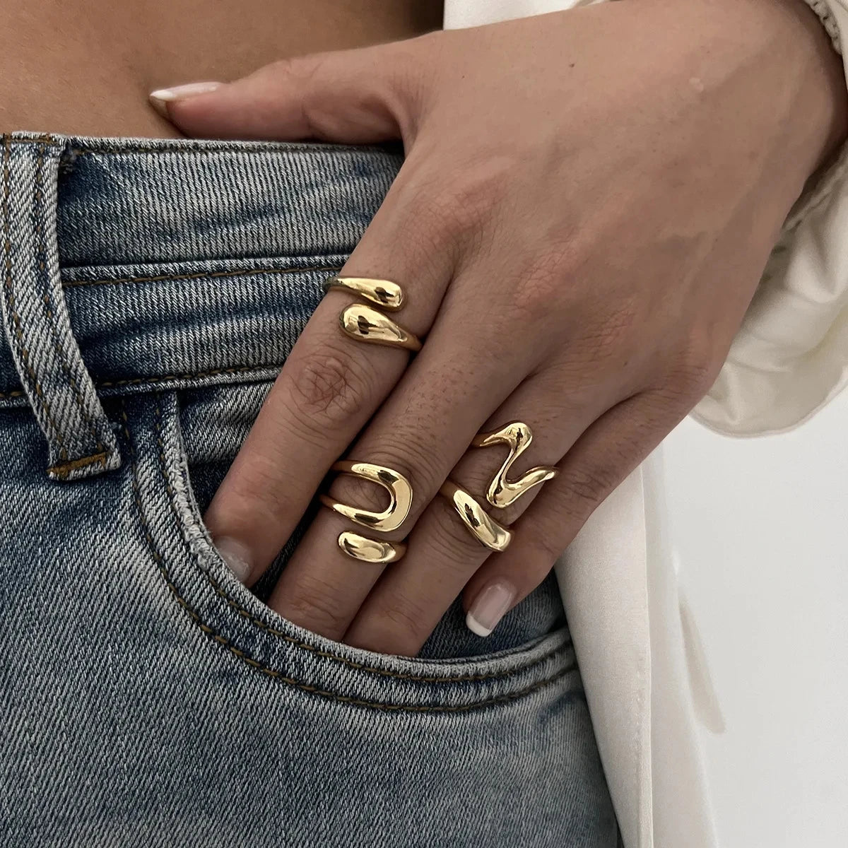 Punk Geometric Metal Irregular Rings for Women Men Vintage Gold Color Curved Open Ring Set Fashion Unisex Jewelry Gift