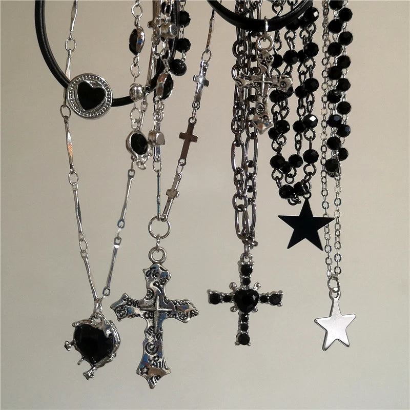 Personalized Punk Star Heart Cross Chain Double Layer Necklace For Men Women Y2K Fashion Trend Rock Party Grunge EMO Accessories
