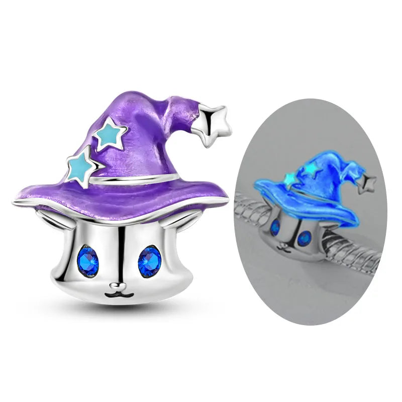 Original 925 Sterling Silver Halloween Charms Beads Pendant Pumpkin Witch Doll Skull Candy Charm Fit Bracelet DIY Jewelry Gift