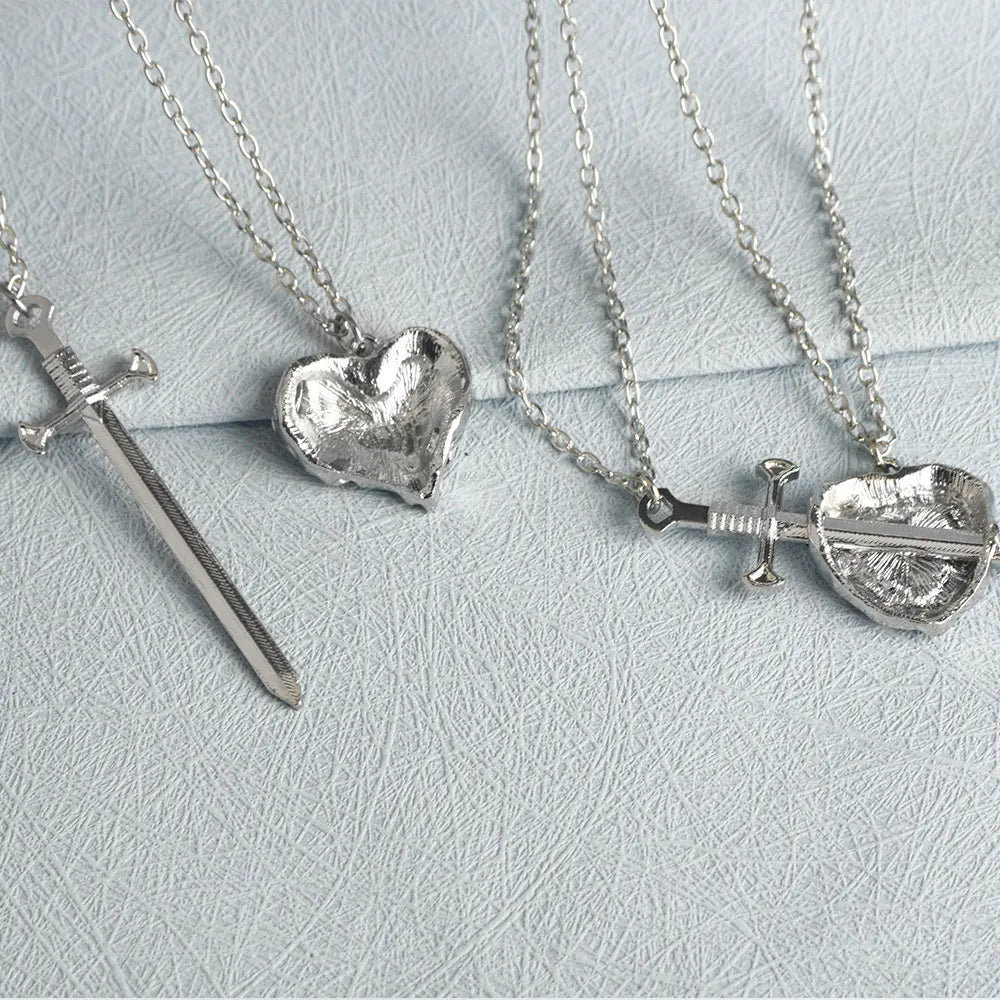 A Set Red Heart and Sword Couple Necklace Collarbone Chain Sword Necklace Fashion Accessories for Women Christmas Gift