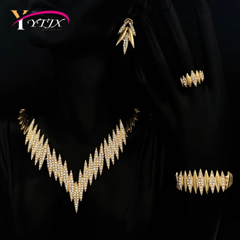 YTJX Horse Eye Jewelry Set Luxury Zircon Necklace Bracelet Earring Ring Dubai Africal Wedding Jewellery 18K Gold Plated