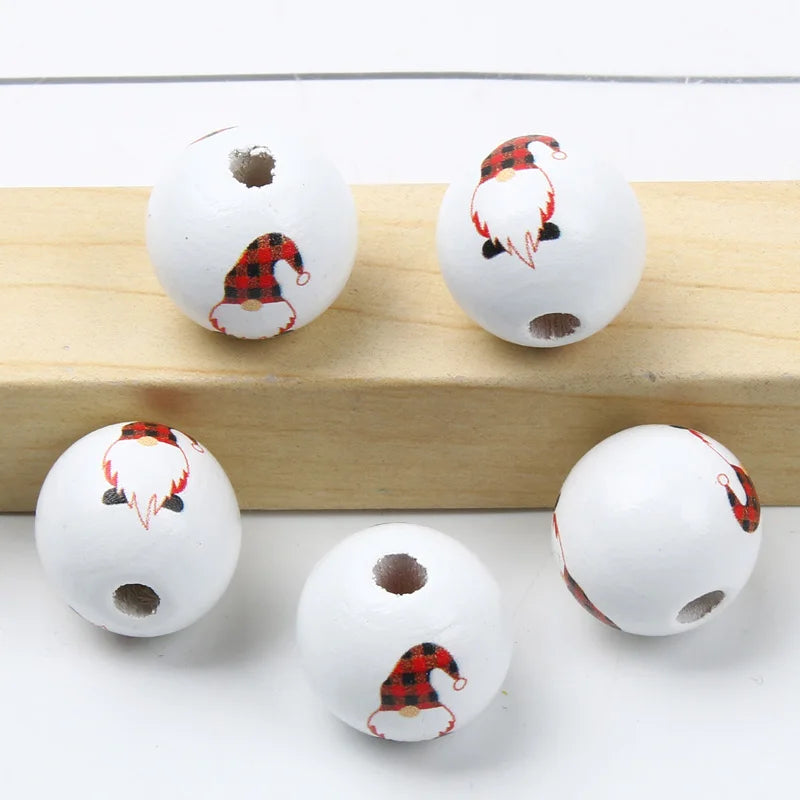 Round Balls Red Green Wooden Beads 15mm Cartoon Tree Letter Pattern Halloween Christmas Beads For Jewelry Making DIY Accessories
