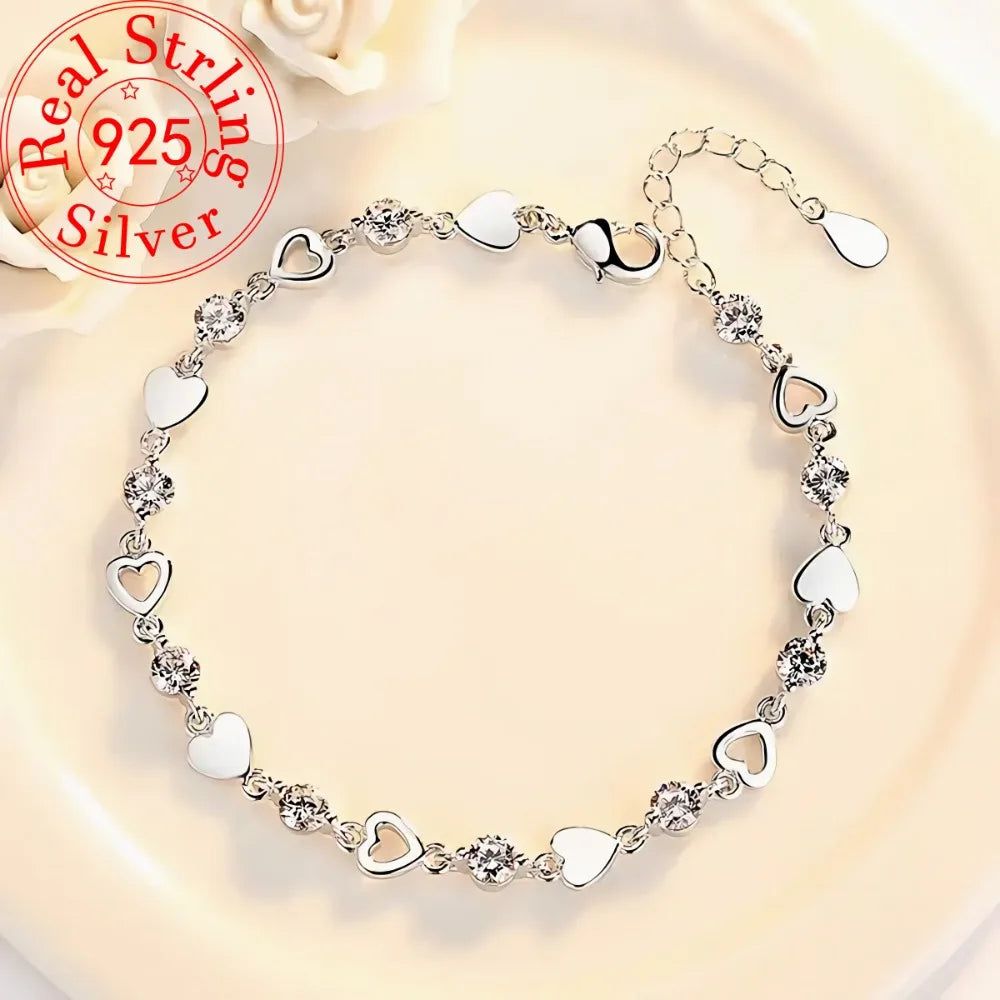 925 Sterling Silver Heart Shaped Necklace Bracelet Set for Women Vintage Korean Blue Crystal Bracelets Jewelry Set Party Jewelry