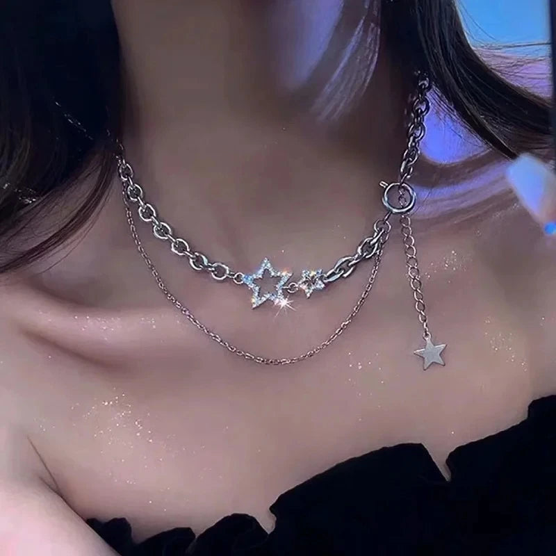 Y2K Star Zircon Pendant Necklace for Women Luxury Sweet Cool Girl Punk Heart Clavicle Chain 2024 New Fashion Jewelry Party Gift