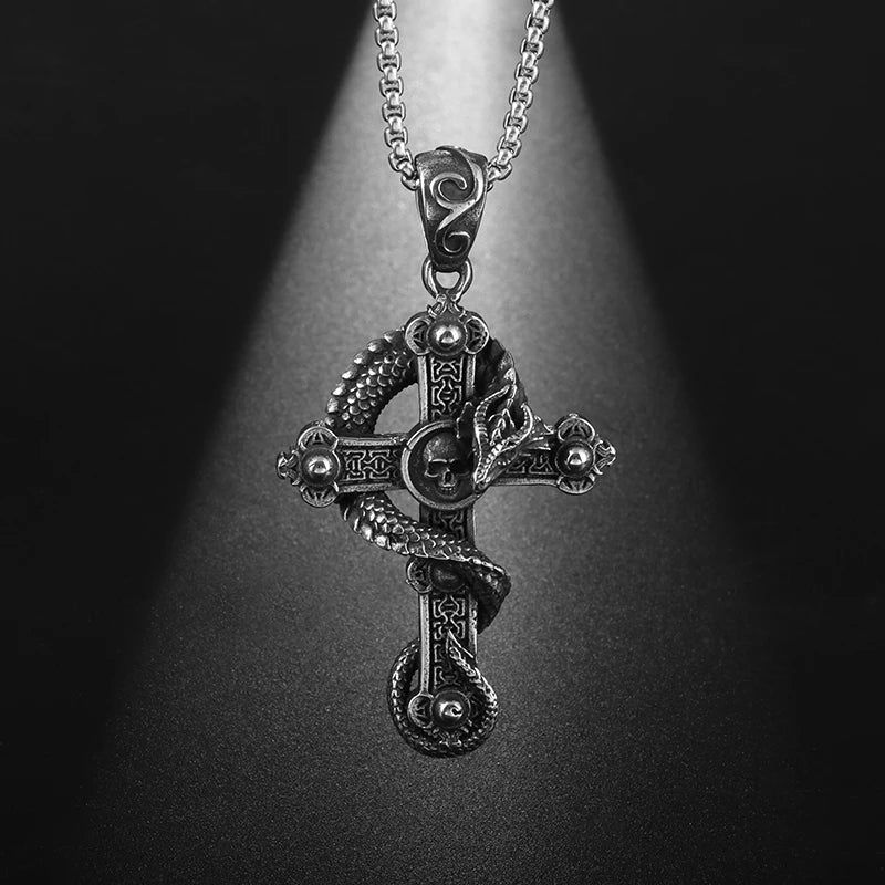 Vintage Punk Dragon Wrap Cross Pendant Necklace for Men Personality Domineering Daily Ride Wear Jewelry Gift