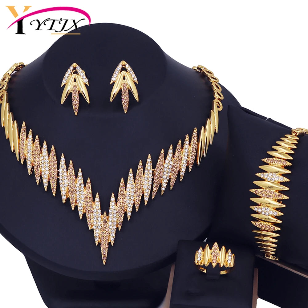 YTJX Horse Eye Jewelry Set Luxury Zircon Necklace Bracelet Earring Ring Dubai Africal Wedding Jewellery 18K Gold Plated