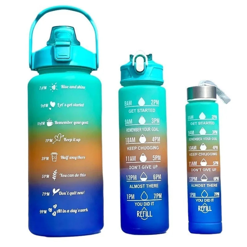 2000ml+900ml+300ml Motivational Water Bottle Set Large Capacity Tumbler with Straws Time Marker for Outdoor Sports