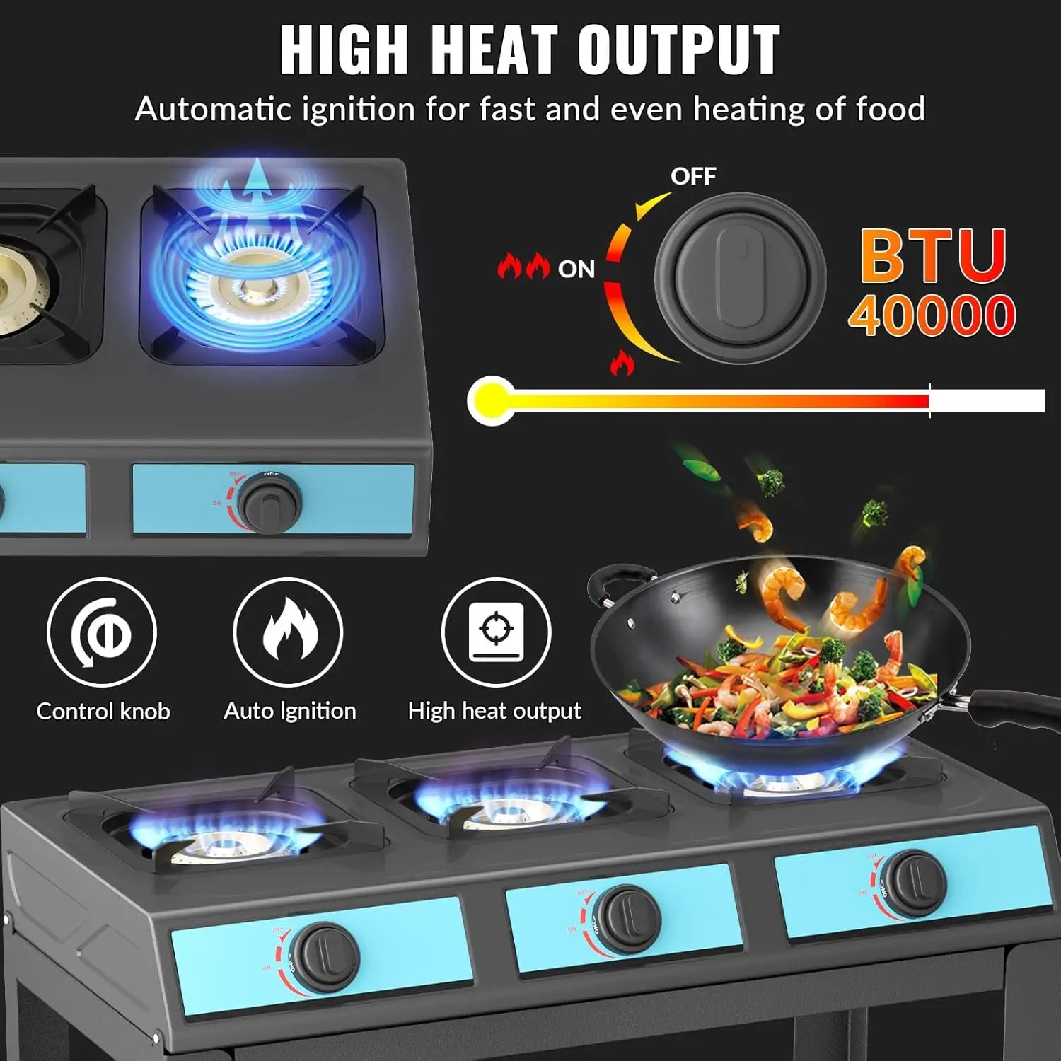 Propane Gas Stove-40000BTU Portable Gas Stove, with Removable Leg,Auto Ignition Camping Stove,3 Burner