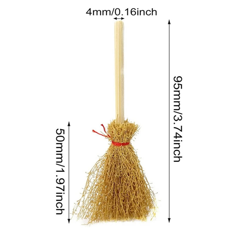 10PCS Mini Broom Witch Straw Brooms DIY Hanging Ornaments for Halloween Party Decoration Costume Props Dollhouse Accessories