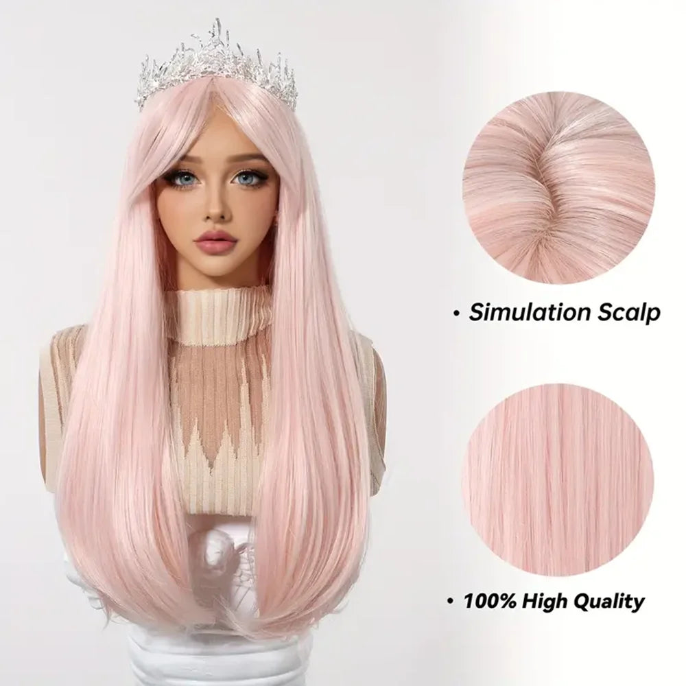 Long Straight Light Pink Synthetic Wigs with Bangs for Women Cosplay Halloween Lolita Pink Party Wig Natural Hair Heat Resistant