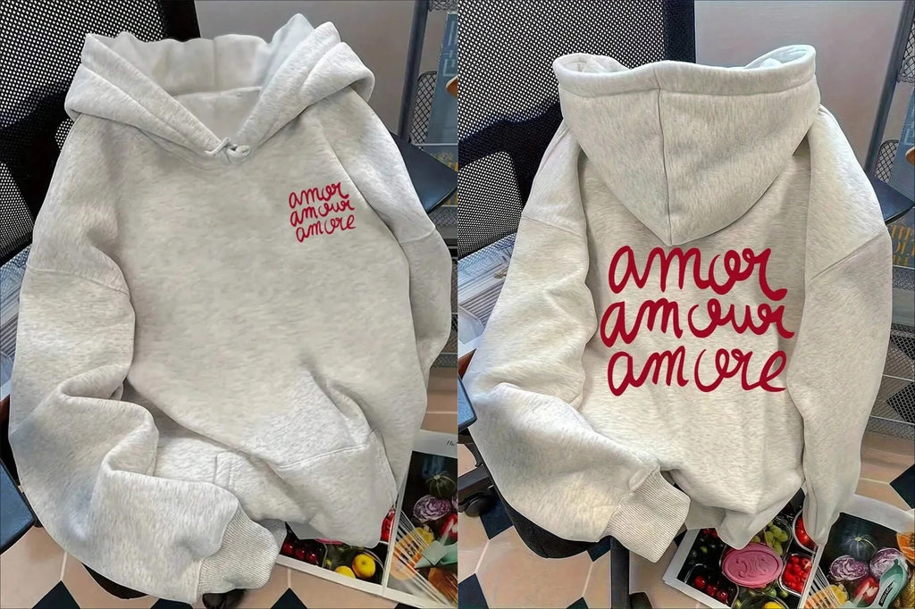 Love - Inspired Pure Cotton Hoodie Showcasing Handwritten - Style "amor" Letters - A Stylish Pick for Romantics