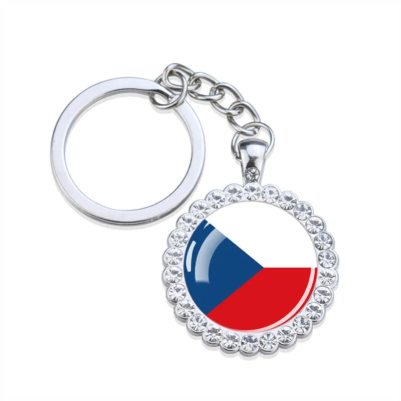 Europe National Flag Keychains Glass Dome Rhinestone Pendant Key Chains Albania Spain Ukraine Russia France Germany Flag Keyring