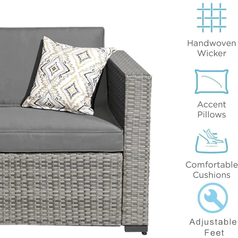 7-Piece Outdoor Rattan Sectional Sofa Set, Gray Wicker Patio Furniture Sets with Navy Blue Cushions for Balcony, Porch