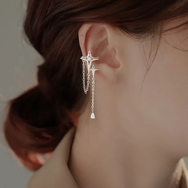 Korean Exquisite Zircon Star Ear Clip for Women Without Piercing Long Tassel Sweet Ear Cuff Clip Earrings Wedding Jewelry Gift