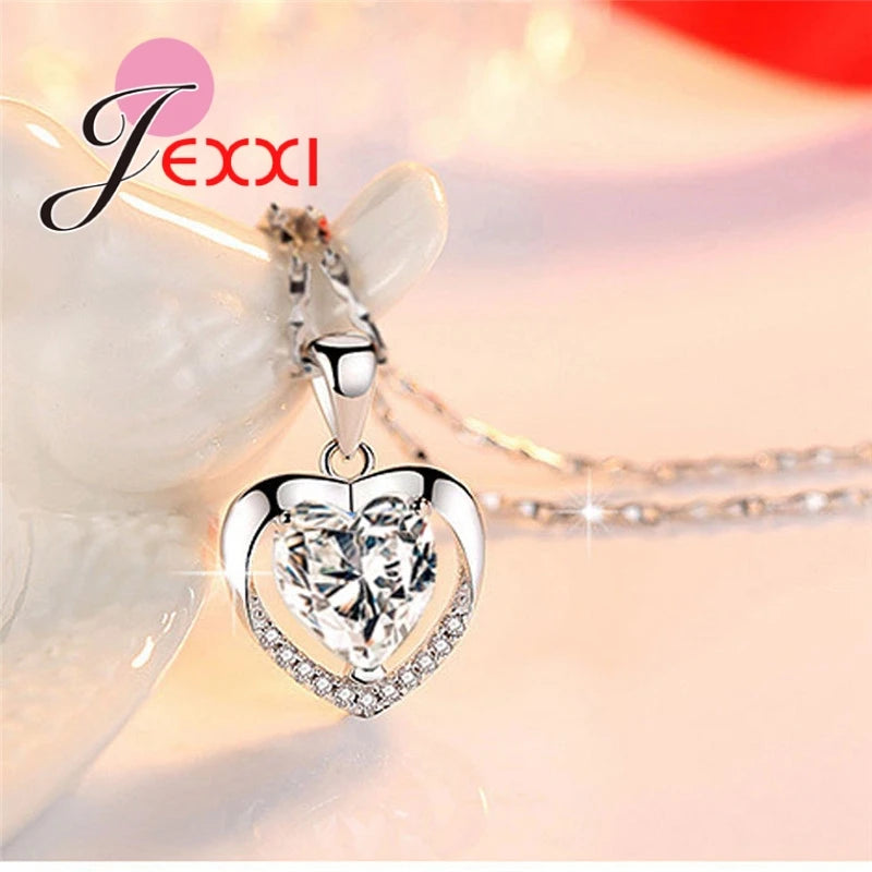 925 Sterling Silver Bridal Jewelry Heart Shape Pendant Necklace Chain Clear Crystal   For Wedding Party Birthday Gifts