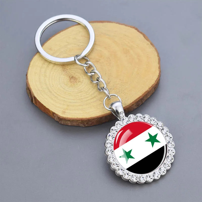 Arab National Flag Keychains Algeria Yemen Tunisia Saudi Arabia Egypt Glass Dome Rhinestone Key Chain Flag Jewelry Keyring Gift