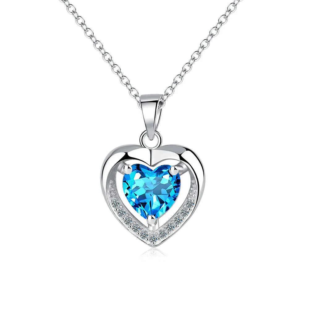925 Sterling Silver Heart Blue Zircon Pendant Necklaces For Women Female Jewelry Fashion Accessories Wholesale Trend 2024