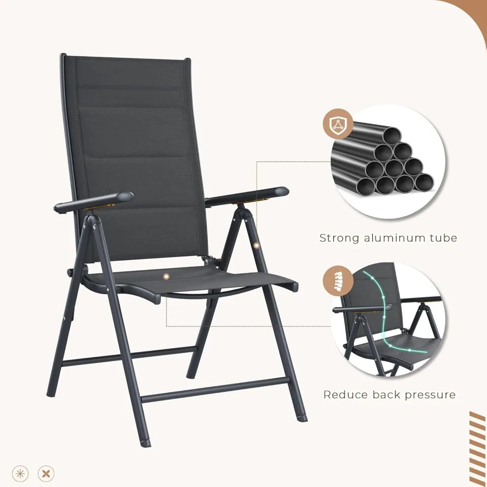 Outdoor Dining Set - 8 Padded Aluminium Folding Chairs & Adjustable Steel Table, Low-Maintenance Garden Furniture for Backyard