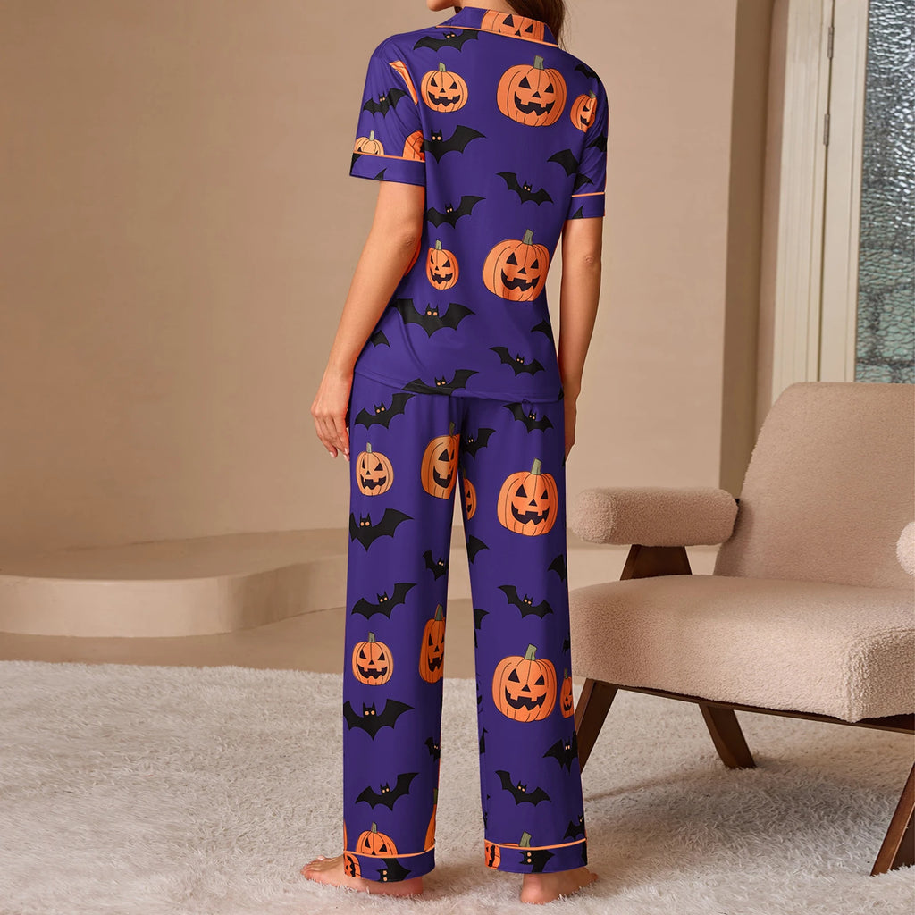 Women Halloween Pajama Set, Pumpkin Bat Print Short Sleeve Button Closure Shirt with Pants Sleepwear Loungewear