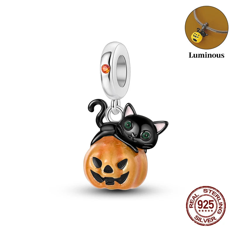 2025 Hot Sale Halloween Charms Bead 925 Sterling Silver Luminous Pumpkin Ghost Dangle Fit Bangle Bracelet Necklace DIY Jewelry
