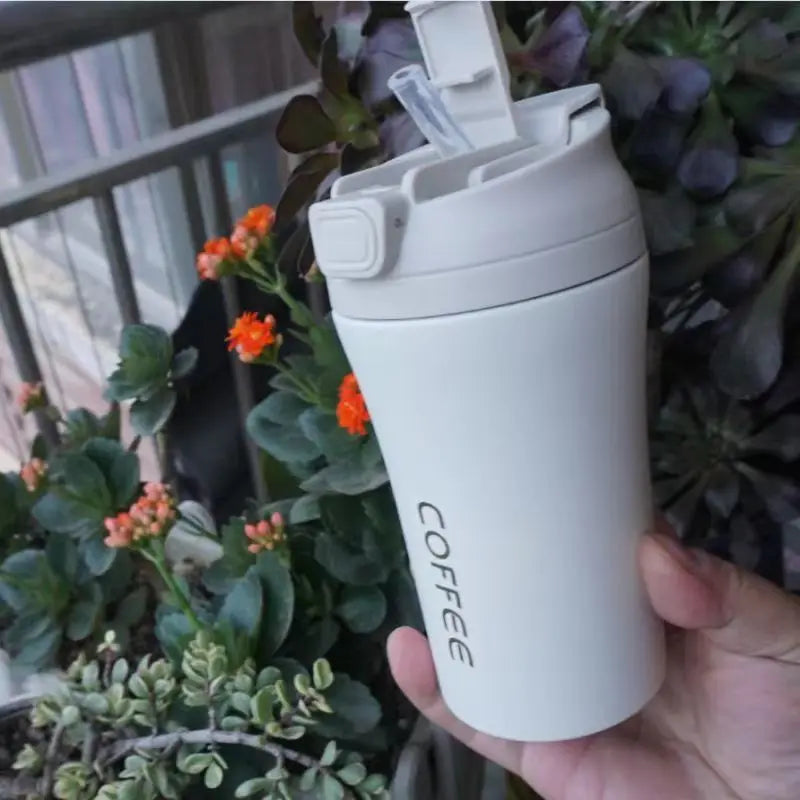 Stainless Steel Travel Mug with Straw, Portable Coffee Cup for Office/Car, Insulated Thermo Cup (13.5oz, Hot & Cold)