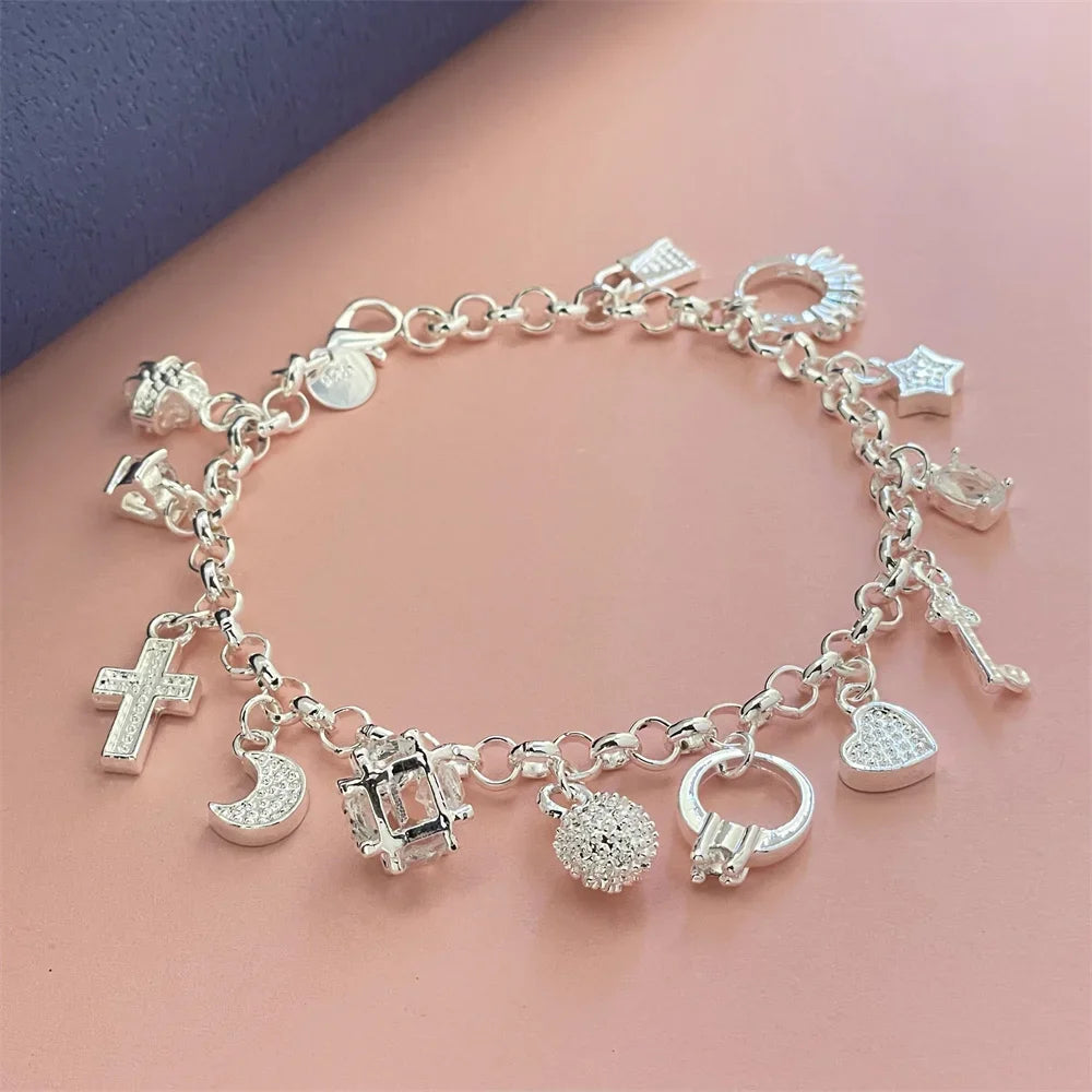 925 Sterling Silver 13 Pendant Bracelet, Ladies Couple Simple Luxury Banquet Wedding Birthday Jewelry Gift