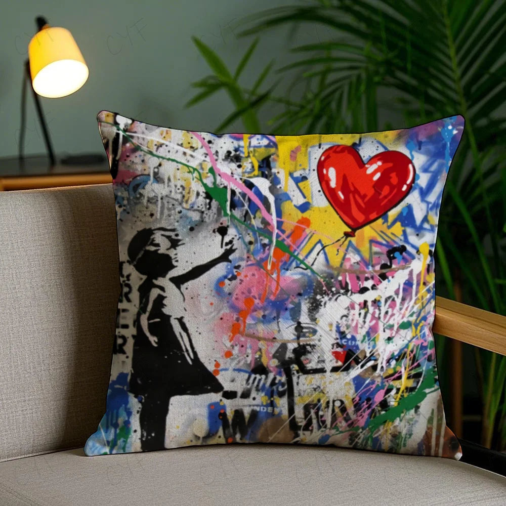 Banksy Street Graffiti Art Pillow Case Anti-dustmite Pillowcase Invisible zipper silky short plush Sofa cushion cover