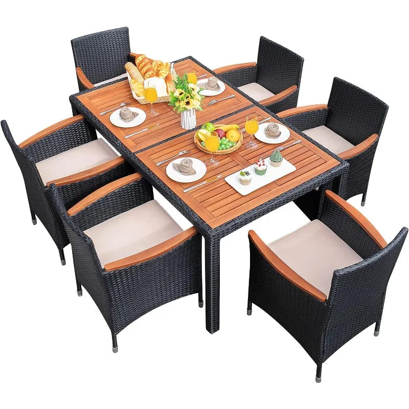 7 PCS Outdoor Patio Dining Set, Outdoor Patio Furniture Set, Rattan Chairs With Large Wood Table For Garden And Yard