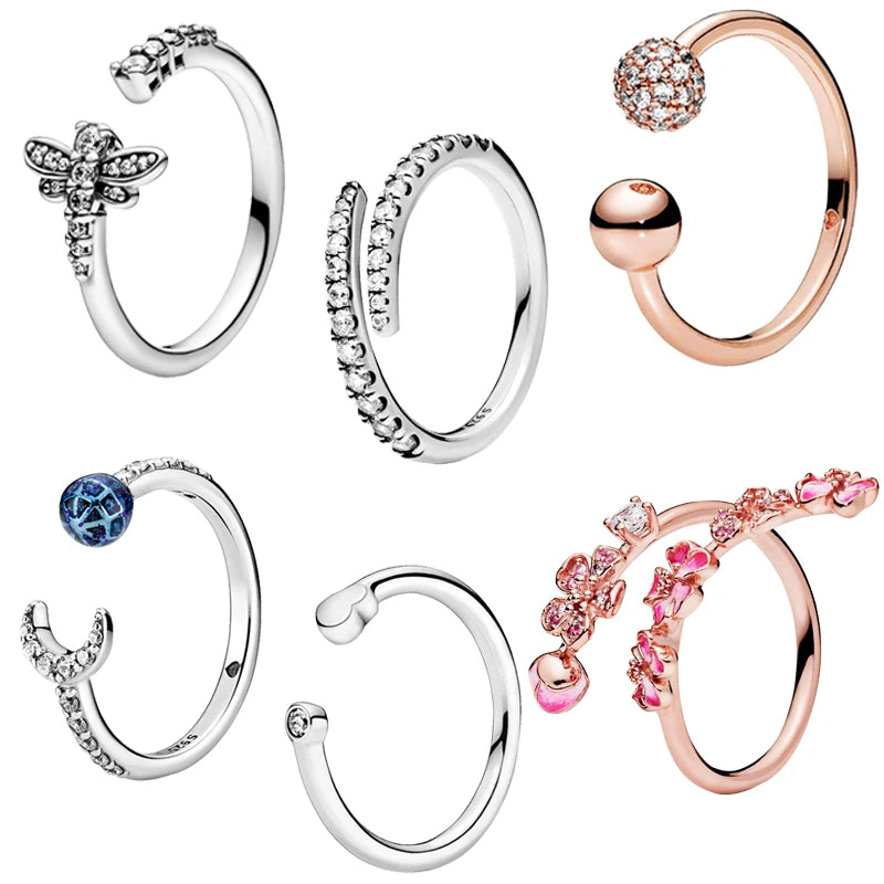 New Hot 100% Dragonfly Daisy Leaf Rose Pink Fashion Zircon Fit Opening Ring Feminine Charm Jewelry Gift ﻿