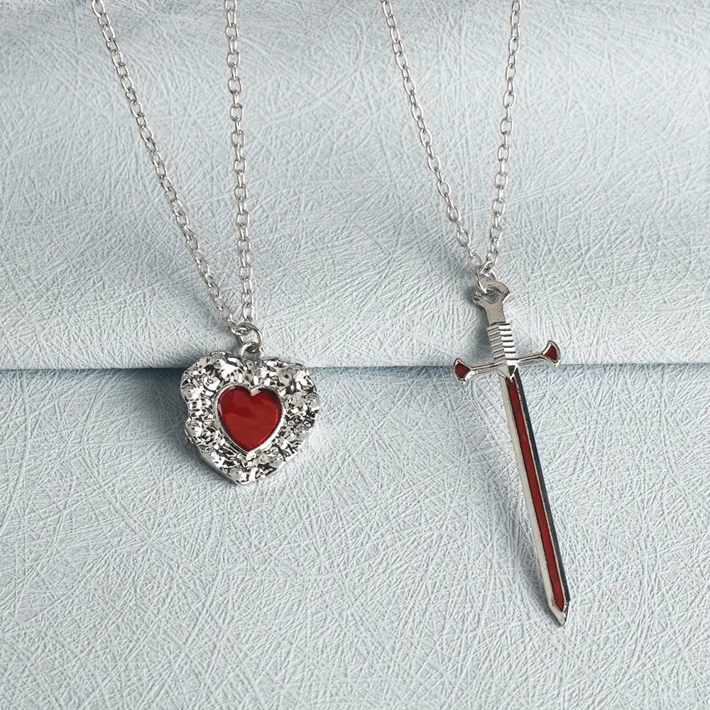 A Set Red Heart and Sword Couple Necklace Collarbone Chain Sword Necklace Fashion Accessories for Women Christmas Gift