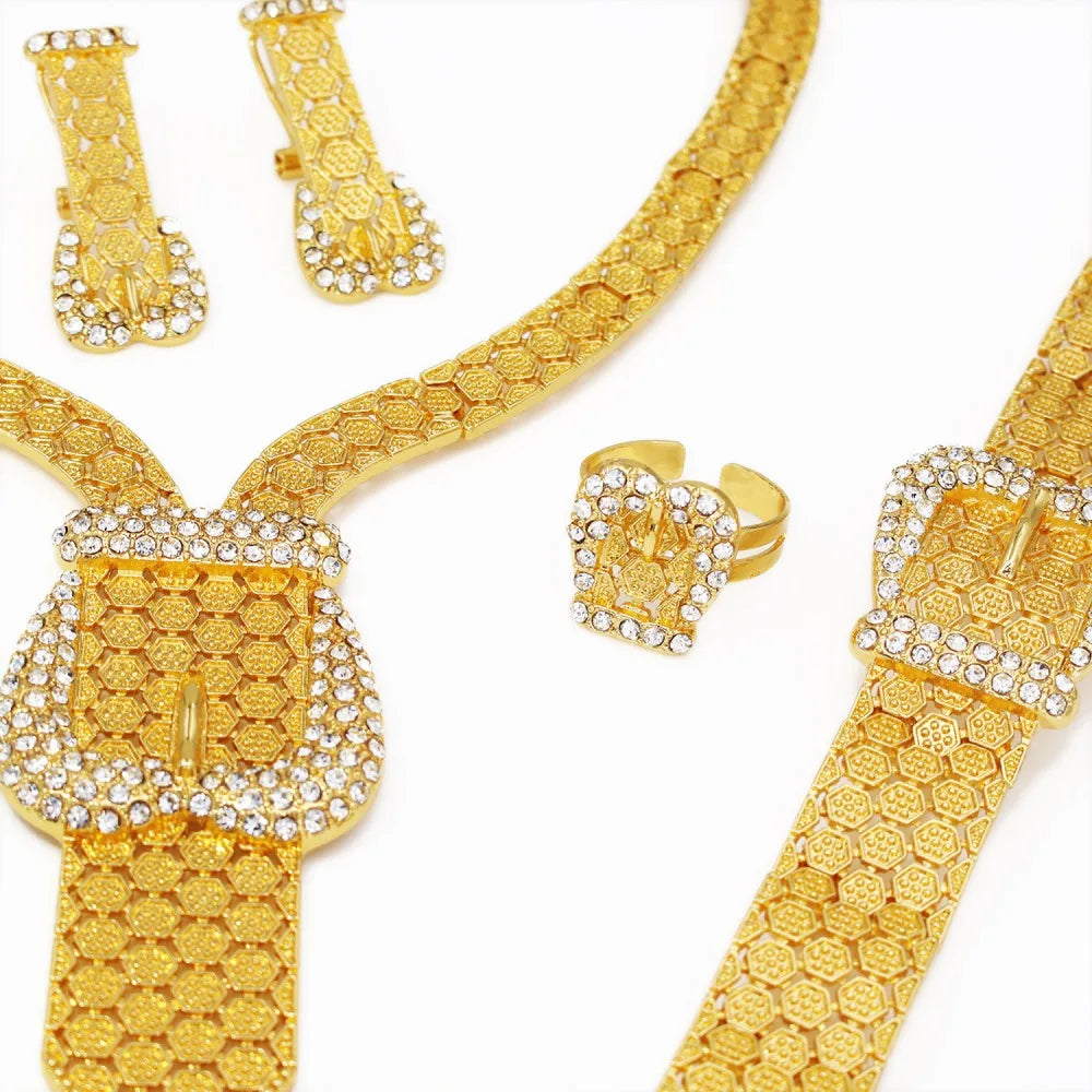Trendy Statement Big Jewelry Set Africal Dubai Gold Color Large Necklace Chic Bangle Bracelet Long Earring Ring Set Wedding Gift
