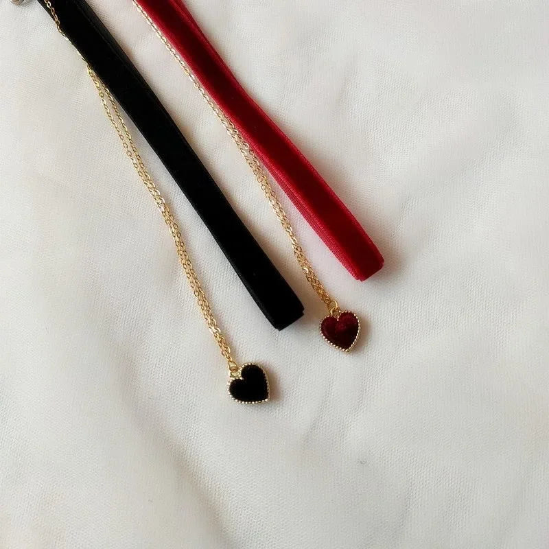 New Year Wine Red Heart Choker Double Layer Necklace Lock Bone Chain Neck Band Velvet Heart Necklace Gift