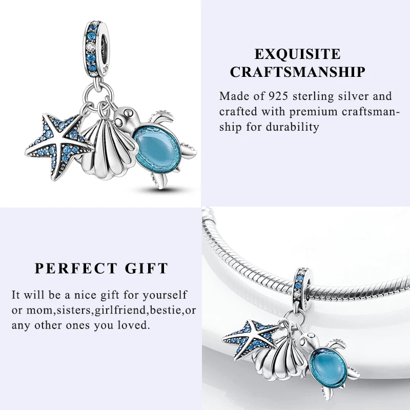 New Silver Plated Charms Beads Turtle Starfish Shell Sea Blue Summer Beads Fit Original Charms DIY Woman Jewelry Gift