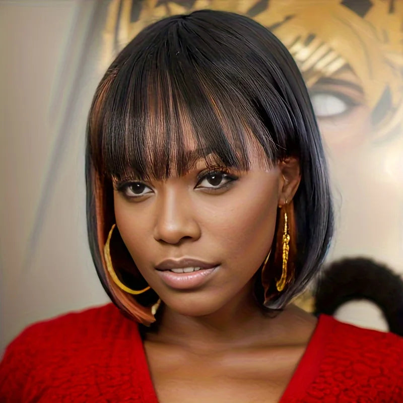 Synthetic Natural Black Short Bob Hair Wigs for Women With Bangs  Straight Cosplay Halloween Party Wig For Girls Daily Hair Wigs