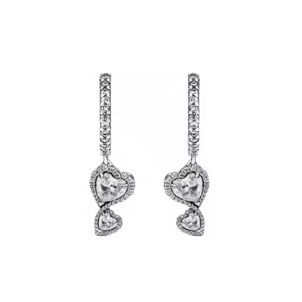 New 925 silver white pink double heart-shaped necklace ring earrings, suitable for Valentine's Day and women's holiday gifts