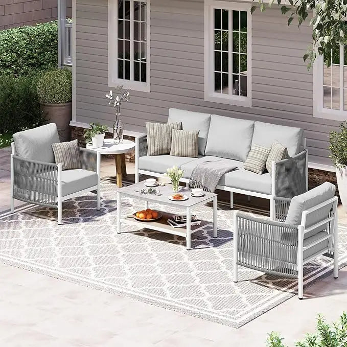 Aluminum Outdoor Patio Furniture Set, HDPE Rope 4 Piece Modern Sectional Conversation Sets with Dual-Layer Coffee Table