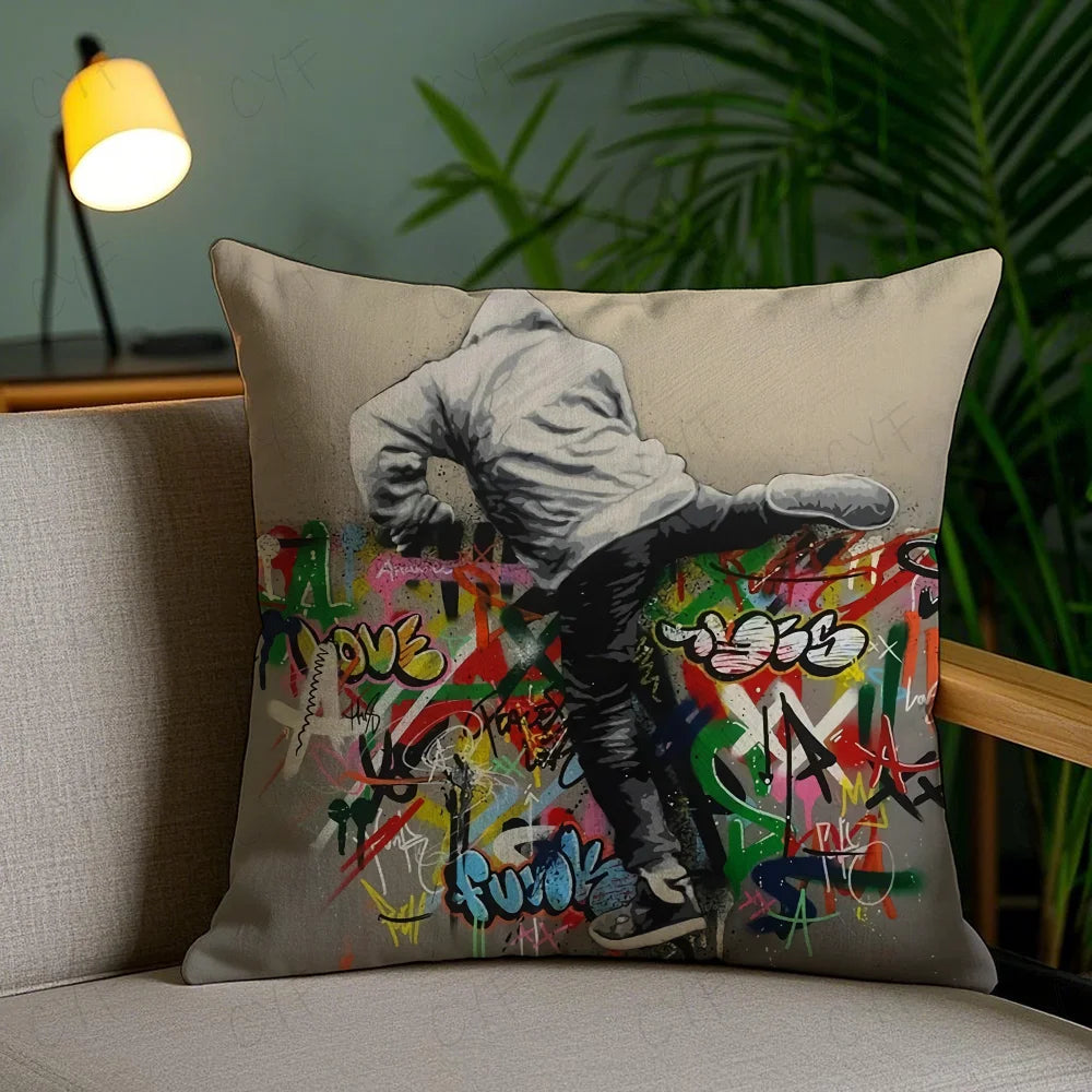 Banksy Street Graffiti Art Pillow Case Anti-dustmite Pillowcase Invisible zipper silky short plush Sofa cushion cover