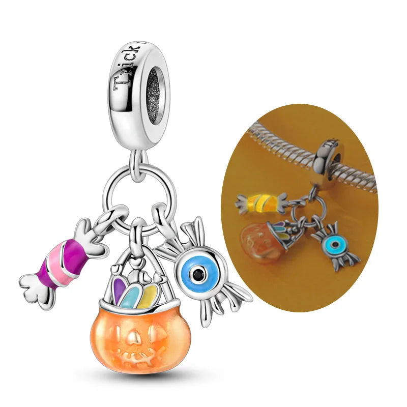 Original 925 Sterling Silver Halloween Charms Beads Pendant Pumpkin Witch Doll Skull Candy Charm Fit Bracelet DIY Jewelry Gift