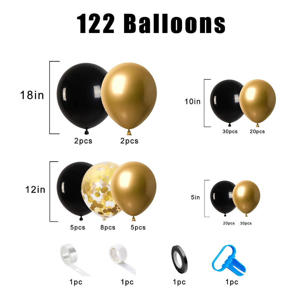 122Pcs black and gold latex balloon set suitable for birthday parties, weddings, Valentine's Day party decorations