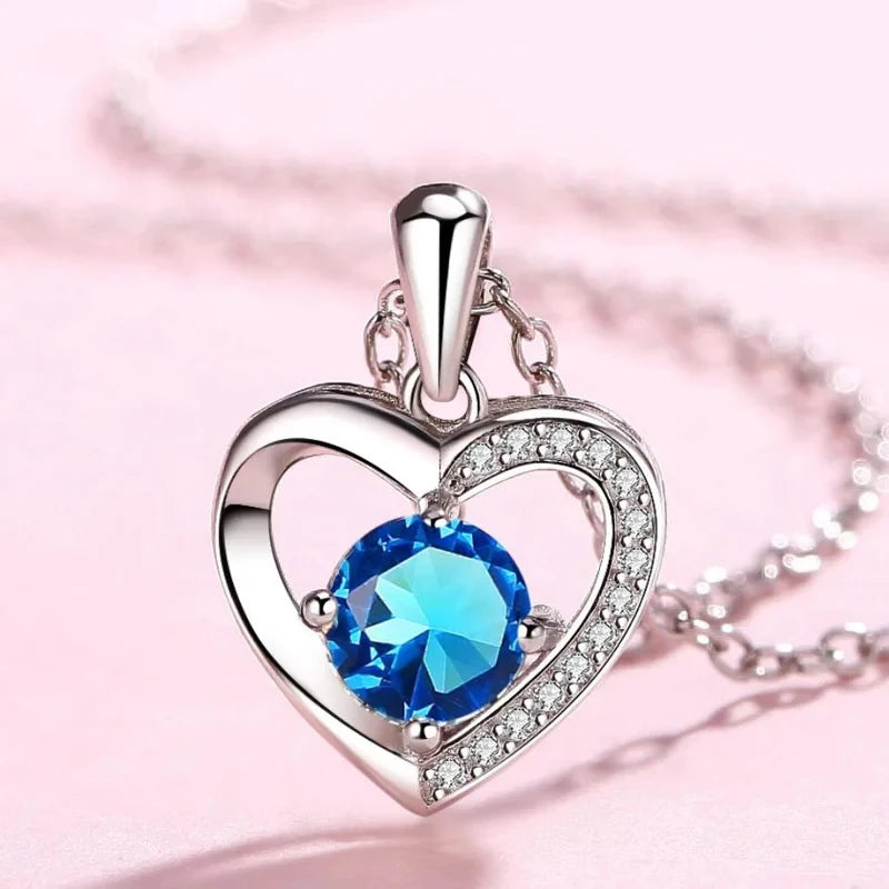KOFSAC New Luxury Crystal CZ Heart Pendant Choker Necklace 925 Sterling Silver Chain Necklaces For Women Wedding Jewelry Gifts