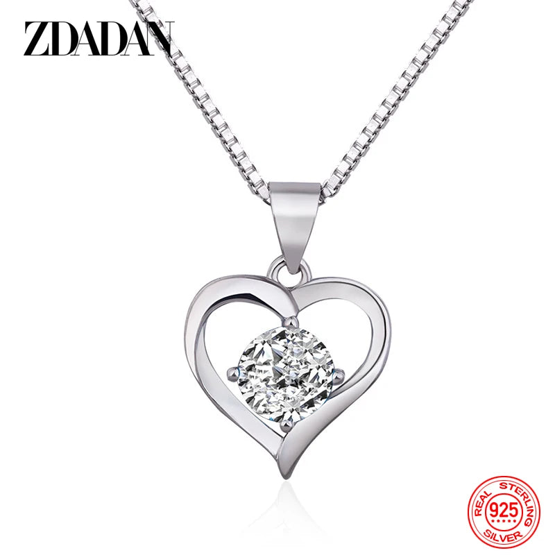 ZDADAN 925 Sterling Silver Heart Blue Crystal Necklace For Women Charm Party Jewelry Accessory