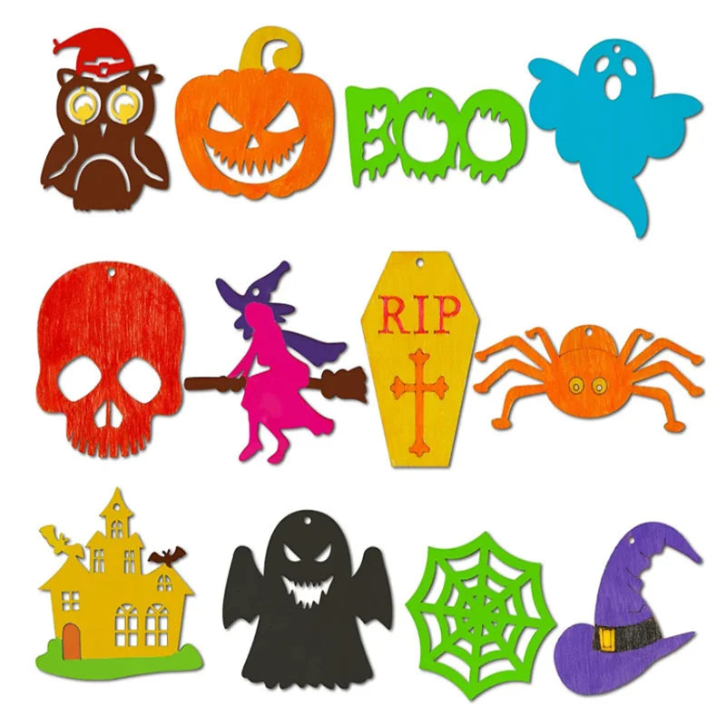 10Pcs Halloween Wooden Hanging Crafts Spider Pumpkin Ornament For Halloween Home Decorations Kids DIY Painting Gifts Supplies