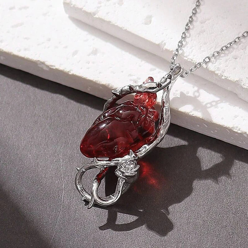 Dark Red Crystal Flower Thorns Pendant Necklace for Women Unisex Gothic Punk Love Heart Skeleton Skull Choker Halloween Jewelry