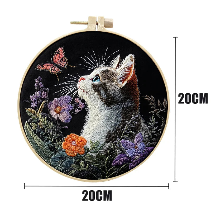 DIY Cat and Flower Embroidery Kit for Beginners Complete Handmade Cross Stitch Kit Mixing Colors Fabric Materials and Animal