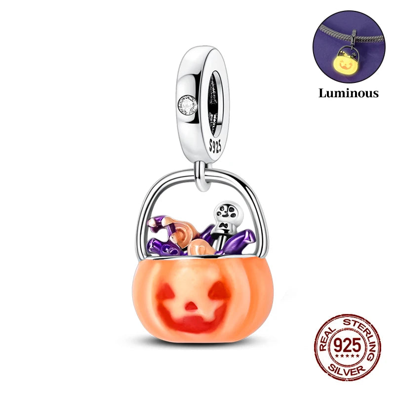 2025 Hot Sale Halloween Charms Bead 925 Sterling Silver Luminous Pumpkin Ghost Dangle Fit Bangle Bracelet Necklace DIY Jewelry
