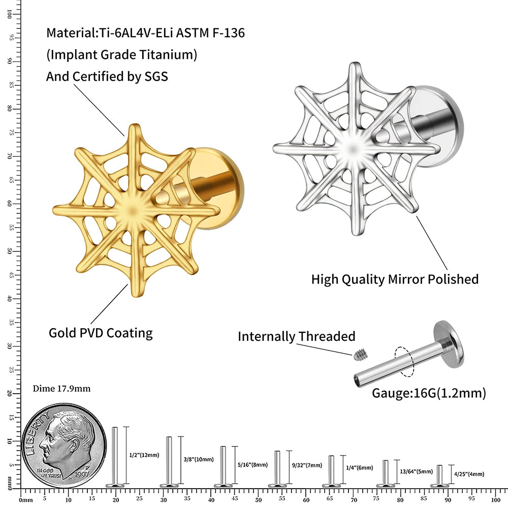 Right Grand ASTM F136 Titanium 16G Spider Web Stud Earring Cartilage Tragus Helix Conch Ear Lobe Flat Piercing Halloween Jewelry